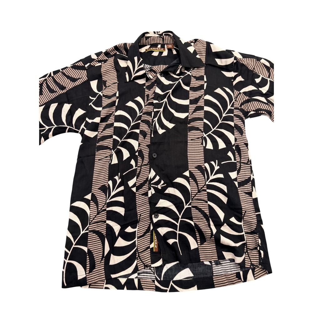 Cubavera Palm Leaf Button Down Shirt Mens Small Black Beige Tropical Rayon Camp - Picture 2 of 8